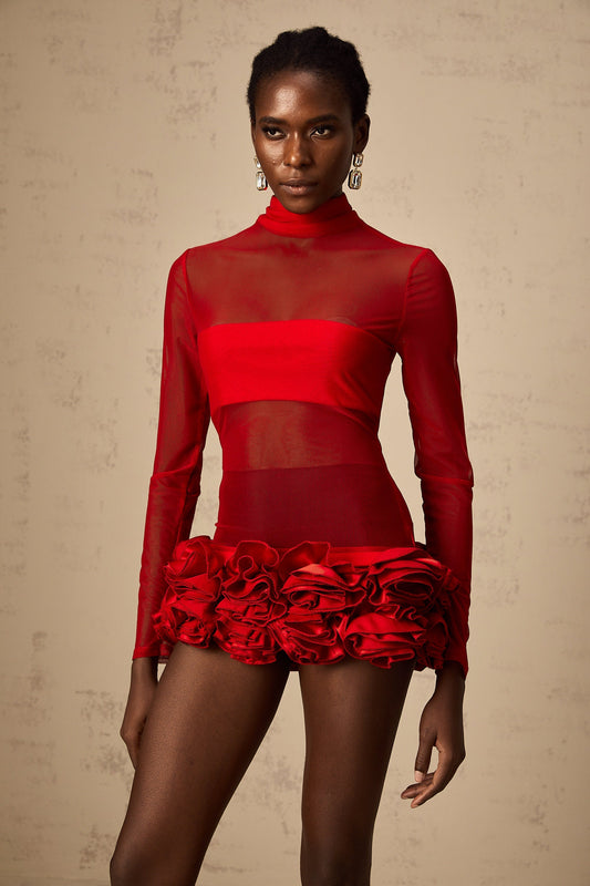 Red Zelie 3D Petal Semi-Sheer Tulle Mock Neck Mini Dress