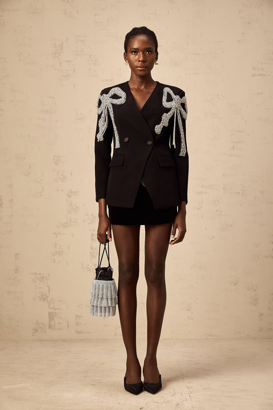 Vanessa Black Bow Motif Crystal Embellished Collarless Fashion Blazer