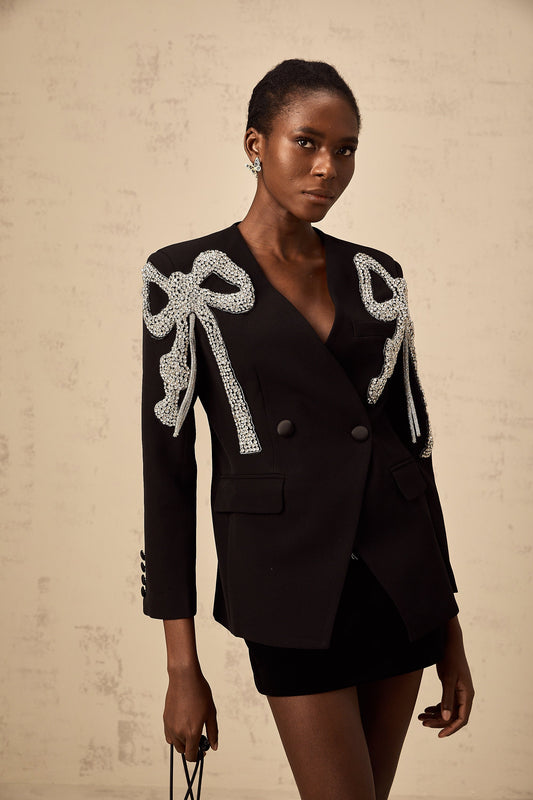 Vanessa Black Bow Motif Crystal Embellished Collarless Fashion Blazer