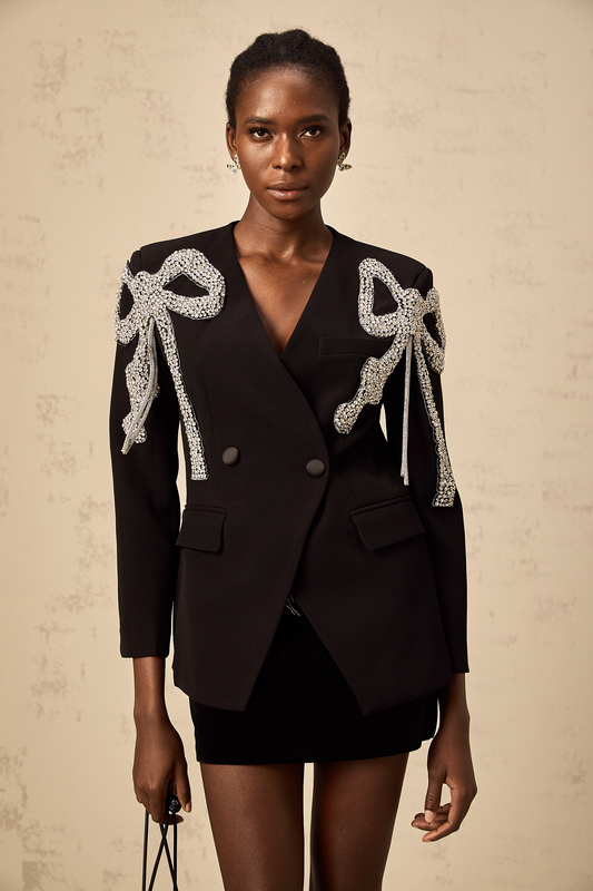 Vanessa Black Bow Motif Crystal Embellished Collarless Fashion Blazer