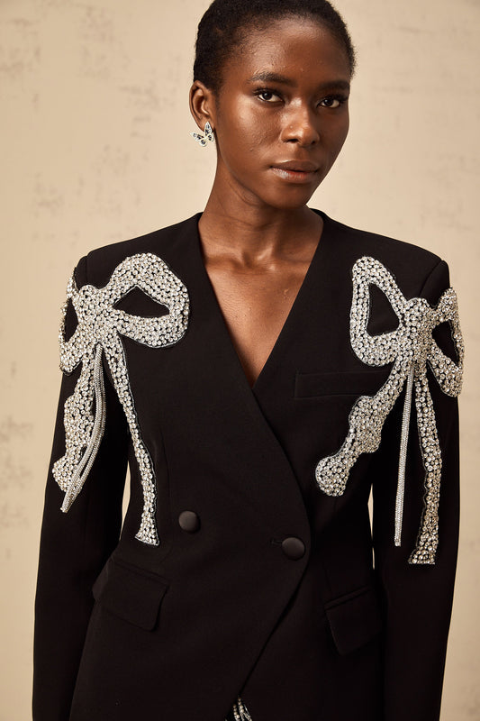 Vanessa Black Bow Motif Crystal Embellished Collarless Fashion Blazer