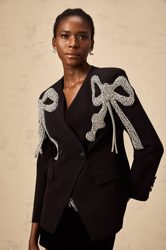 Vanessa Black Bow Motif Crystal Embellished Collarless Fashion Blazer