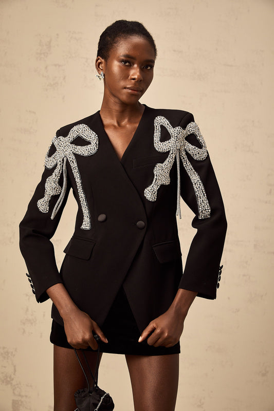 Vanessa Black Bow Motif Crystal Embellished Collarless Fashion Blazer
