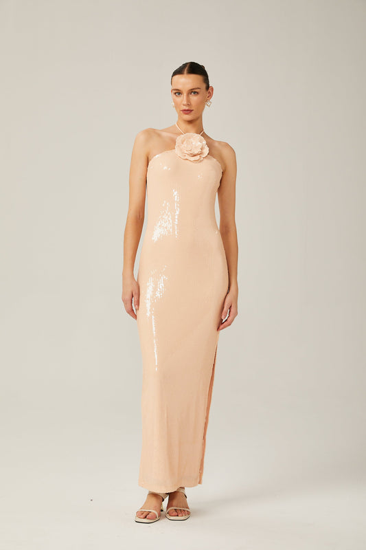 Yvette Blush Beige Halterneck Sequined Maxi Dress with Floral Appliqué