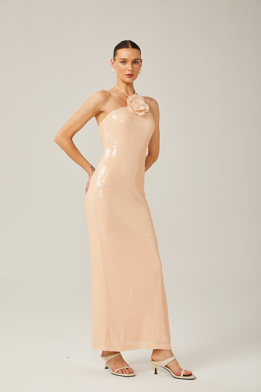 Yvette Blush Beige Halterneck Sequined Maxi Dress with Floral Appliqué