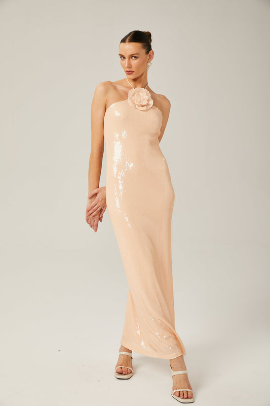 Yvette Blush Beige Halterneck Sequined Maxi Dress with Floral Appliqué