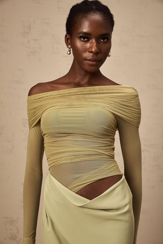 Estelle Green Off-Shoulder Ruched Semi-Sheer Tulle Midi Dress for Women