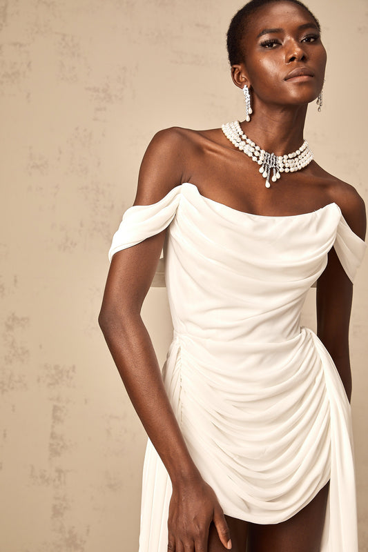 Gitta White Ribbon Ruched Mini Dress With Cowl Neck Shorts