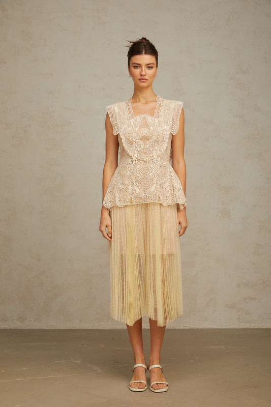 Amelier Rochas Céleste Floral Lace Panelling Tulle Midi Dress in Neutral