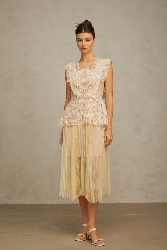 Amelier Rochas Céleste Floral Lace Panelling Tulle Midi Dress in Neutral