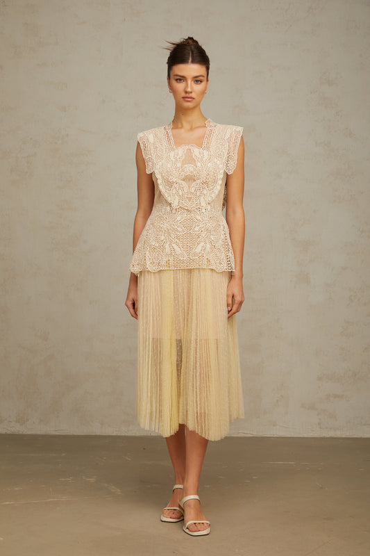 Amelier Rochas Céleste Floral Lace Panelling Tulle Midi Dress in Neutral