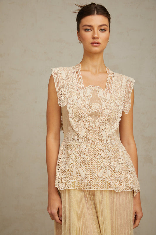 Amelier Rochas Céleste Floral Lace Panelling Tulle Midi Dress in Neutral
