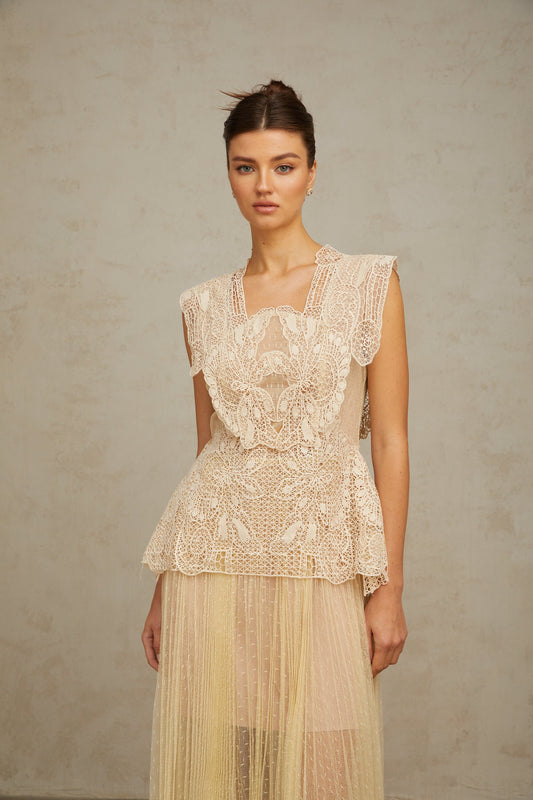 Amelier Rochas Céleste Floral Lace Panelling Tulle Midi Dress in Neutral