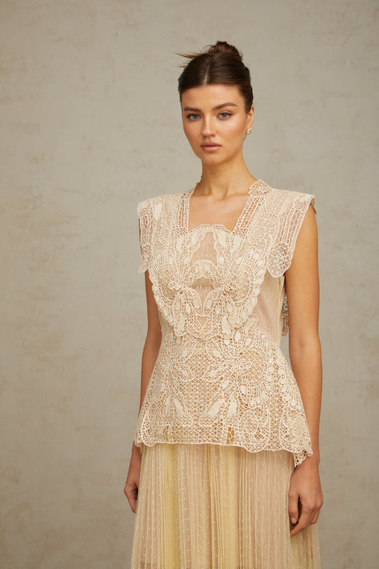 Amelier Rochas Céleste Floral Lace Panelling Tulle Midi Dress in Neutral