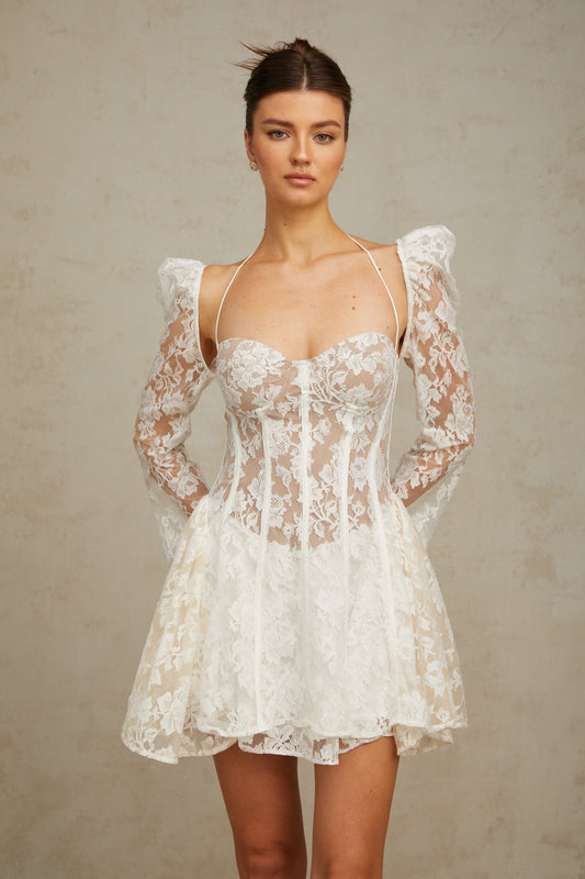 Vivienne White Floral Lace Corset Mini Dress with Detachable Sleeves