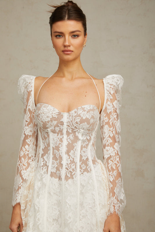 Vivienne White Floral Lace Corset Mini Dress with Detachable Sleeves