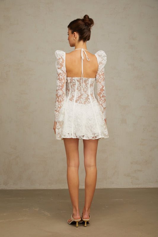 Vivienne White Floral Lace Corset Mini Dress with Detachable Sleeves