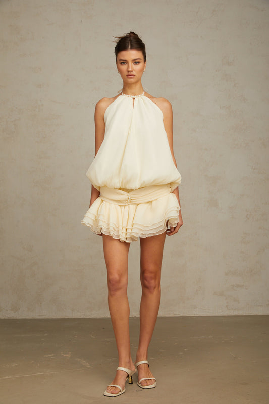 Bérénice White Halterneck Faux-Pearl Tiered Mini Dress