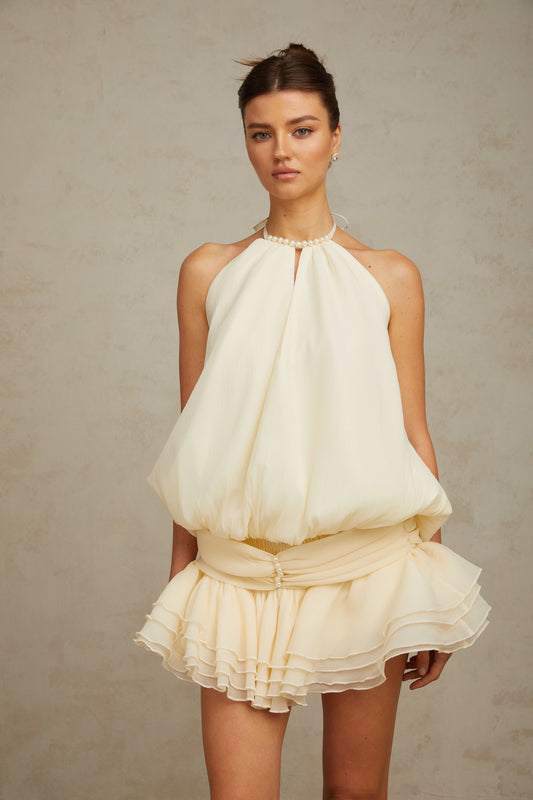 Bérénice White Halterneck Faux-Pearl Tiered Mini Dress