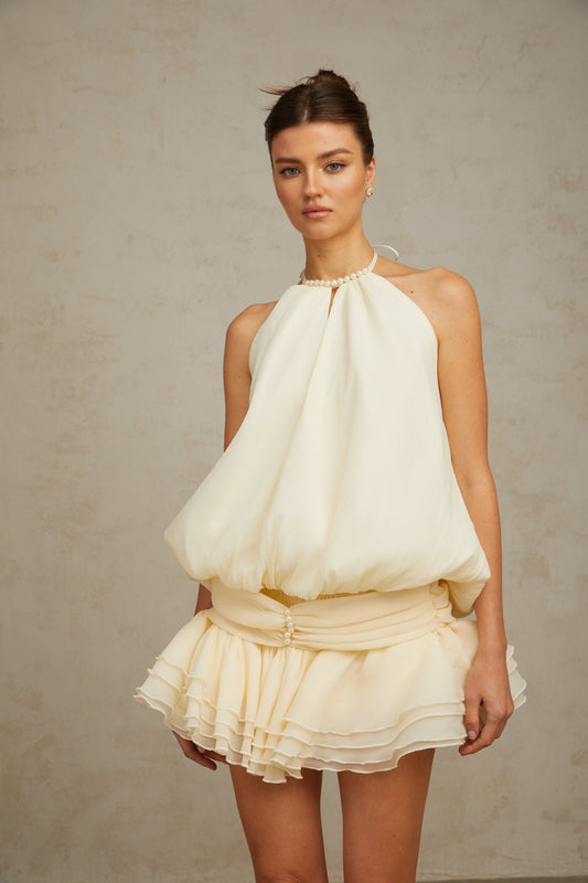 Bérénice White Halterneck Faux-Pearl Tiered Mini Dress