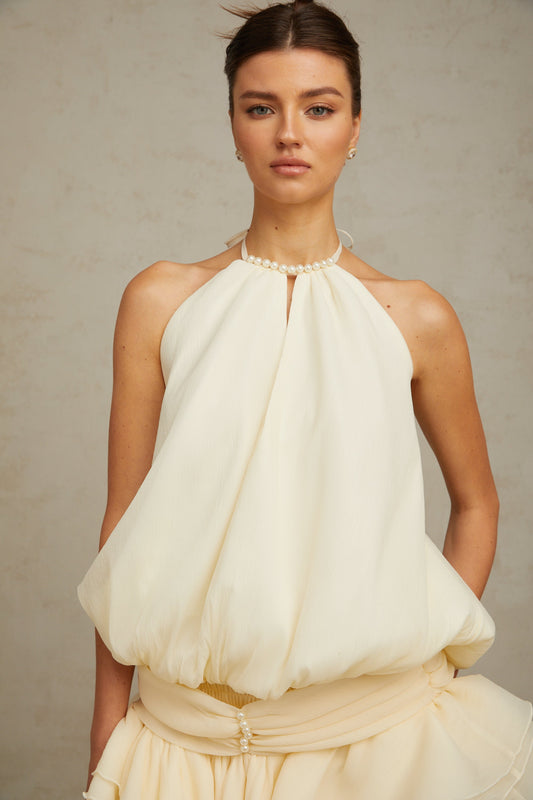 Bérénice White Halterneck Faux-Pearl Tiered Mini Dress