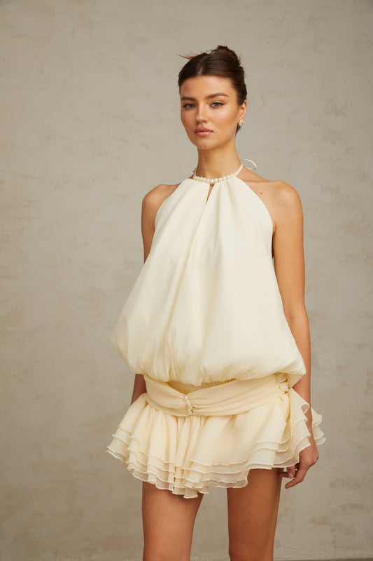 Bérénice White Halterneck Faux-Pearl Tiered Mini Dress