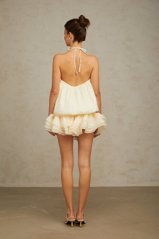 Bérénice White Halterneck Faux-Pearl Tiered Mini Dress