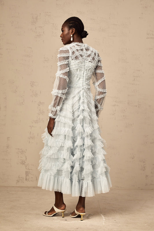 Blue Dot-Detail Ruffled Tulle Midi Dress with Semi-Sheer Sleeves