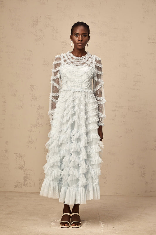 Blue Dot-Detail Ruffled Tulle Midi Dress with Semi-Sheer Sleeves