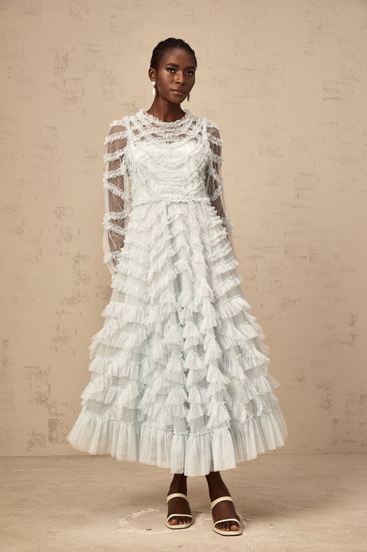 Blue Dot-Detail Ruffled Tulle Midi Dress with Semi-Sheer Sleeves