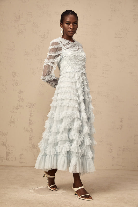 Blue Dot-Detail Ruffled Tulle Midi Dress with Semi-Sheer Sleeves
