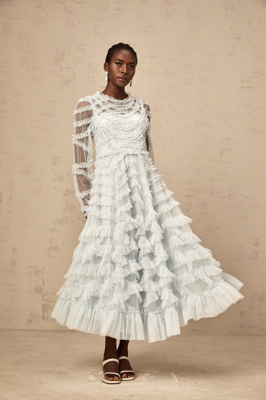 Blue Dot-Detail Ruffled Tulle Midi Dress with Semi-Sheer Sleeves