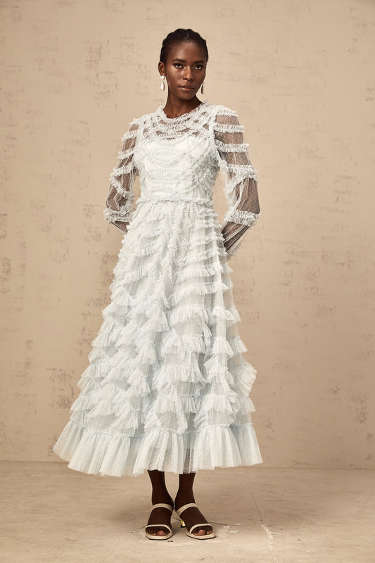 Blue Dot-Detail Ruffled Tulle Midi Dress with Semi-Sheer Sleeves