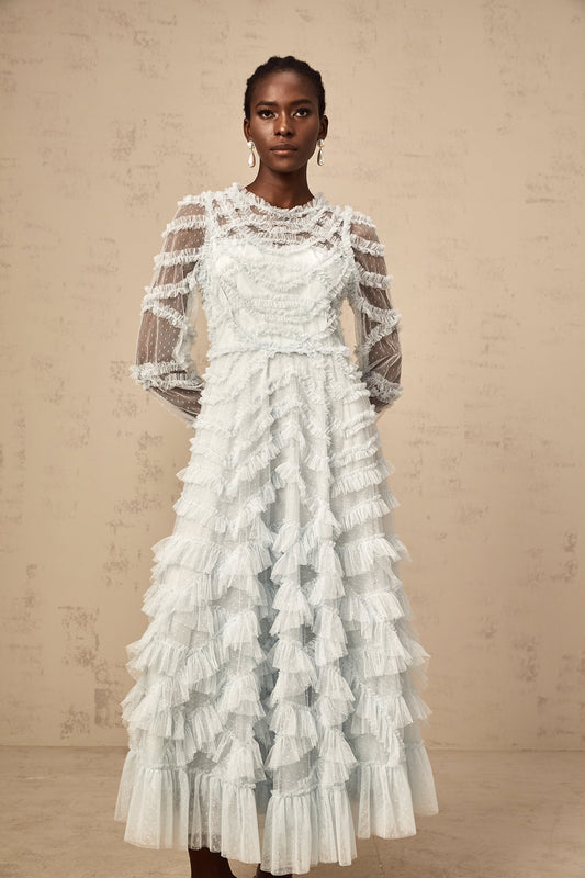 Blue Dot-Detail Ruffled Tulle Midi Dress with Semi-Sheer Sleeves