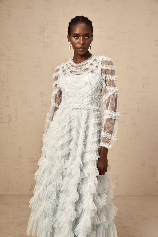 Blue Dot-Detail Ruffled Tulle Midi Dress with Semi-Sheer Sleeves