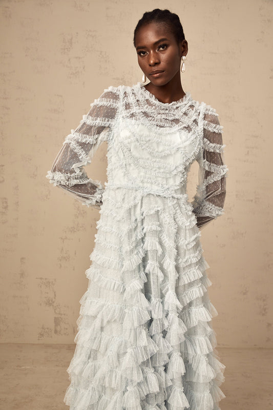 Blue Dot-Detail Ruffled Tulle Midi Dress with Semi-Sheer Sleeves