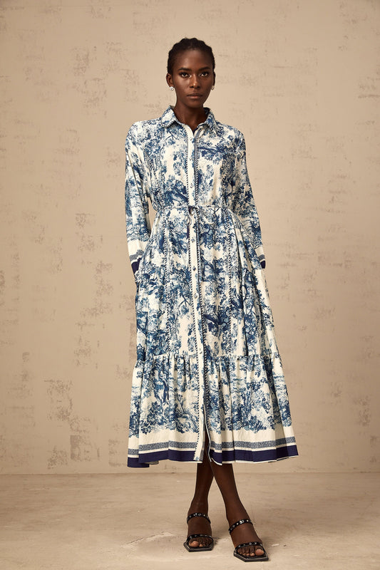 Adélaïde Blue Graphic Print Midi Dress With Belted Waist