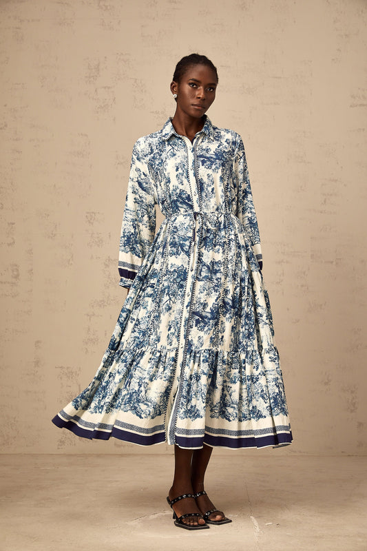 Adélaïde Blue Graphic Print Midi Dress With Belted Waist