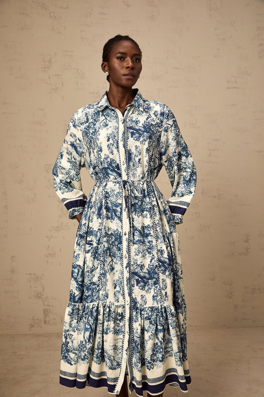 Adélaïde Blue Graphic Print Midi Dress With Belted Waist