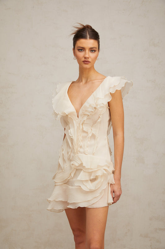 Amelier Rochas Hélène Faux-Flower Layered Ruffled Mini Dress
