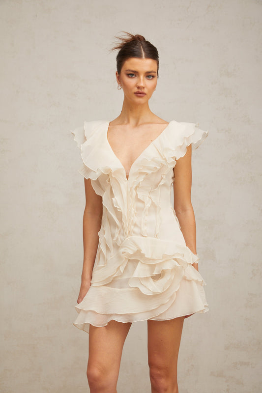 Amelier Rochas Hélène Faux-Flower Layered Ruffled Mini Dress