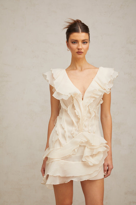 Amelier Rochas Hélène Faux-Flower Layered Ruffled Mini Dress