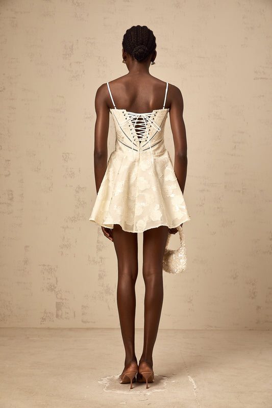 Adabella White Floral Jacquard Sleeveless Mini Dress with Puff Skirt