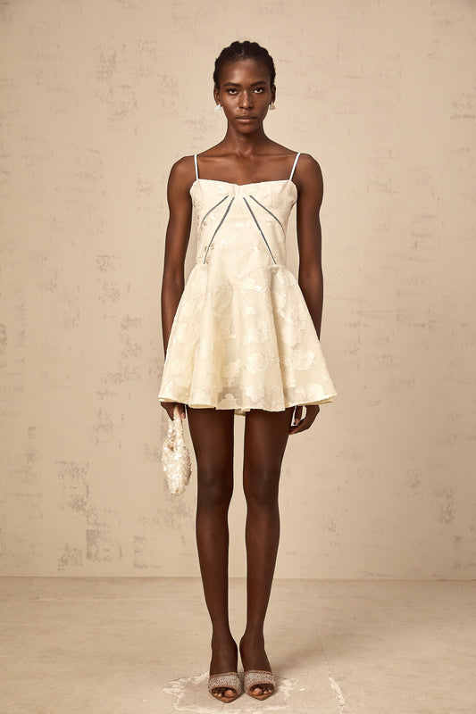 Adabella White Floral Jacquard Sleeveless Mini Dress with Puff Skirt