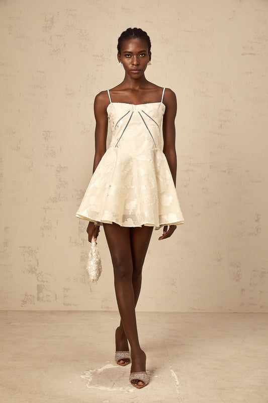 Adabella White Floral Jacquard Sleeveless Mini Dress with Puff Skirt