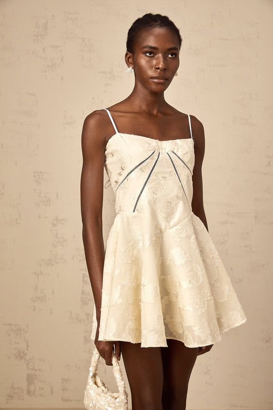 Adabella White Floral Jacquard Sleeveless Mini Dress with Puff Skirt