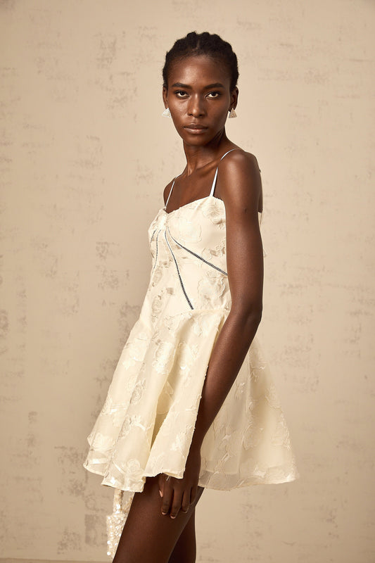 Adabella White Floral Jacquard Sleeveless Mini Dress with Puff Skirt