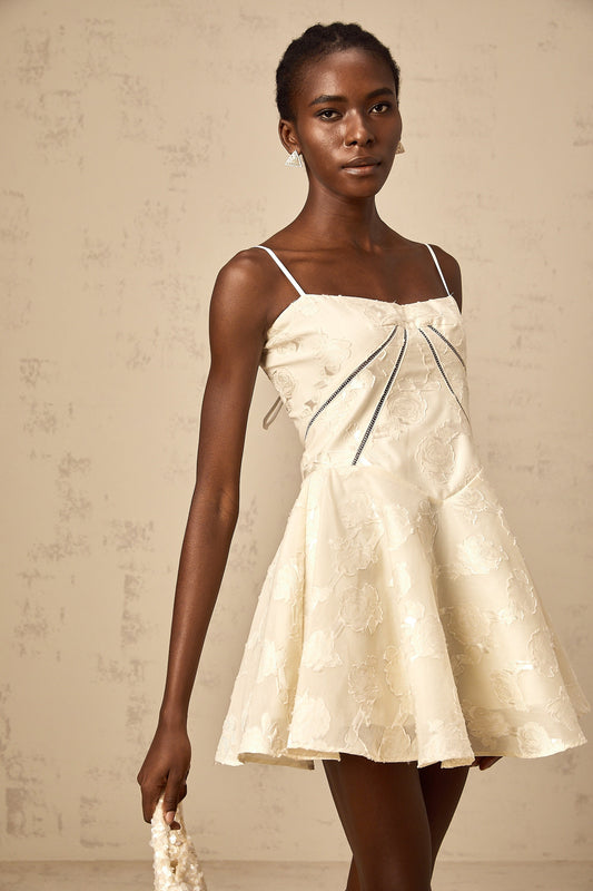 Adabella White Floral Jacquard Sleeveless Mini Dress with Puff Skirt