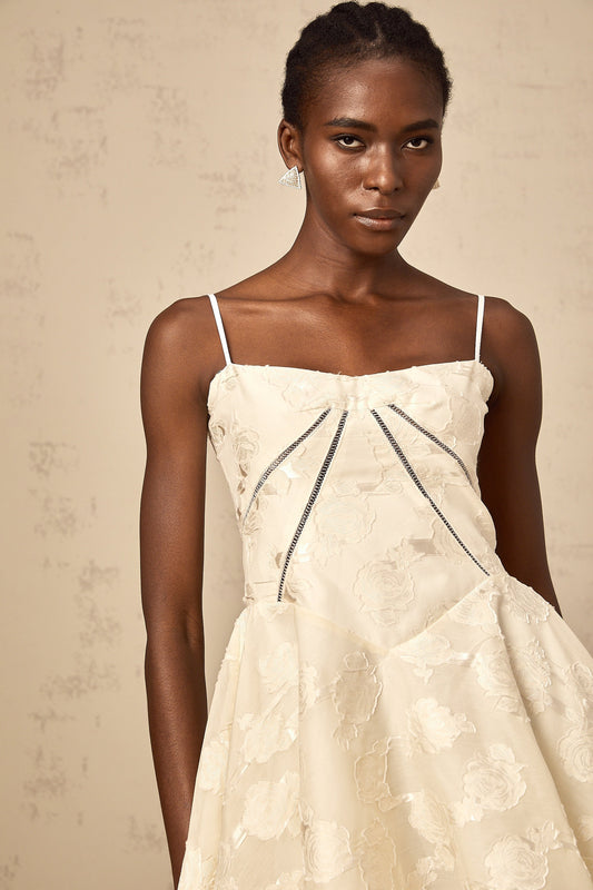 Adabella White Floral Jacquard Sleeveless Mini Dress with Puff Skirt