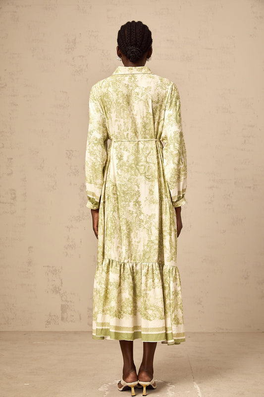 Adélaïde Green Graffiti Print Long Sleeve Cotton Midi Dress